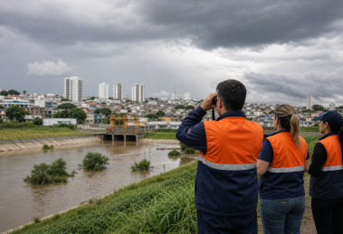 Área urbana do Grande ABC próxima a curso d’água durante ação de monitoramento da Defesa Civil