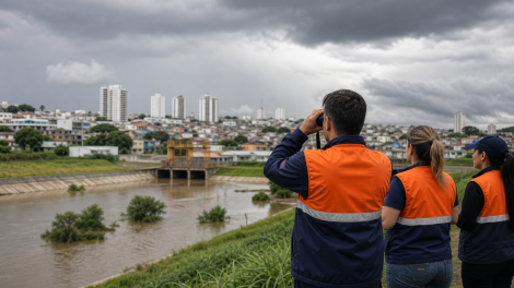 Área urbana do Grande ABC próxima a curso d’água durante ação de monitoramento da Defesa Civil