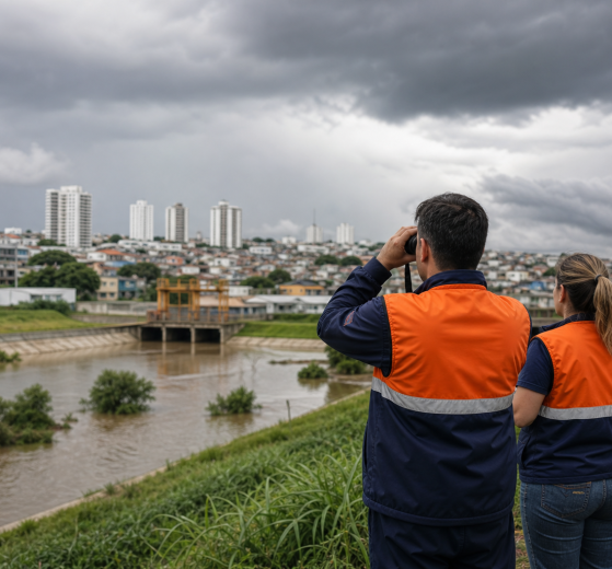 Área urbana do Grande ABC próxima a curso d’água durante ação de monitoramento da Defesa Civil