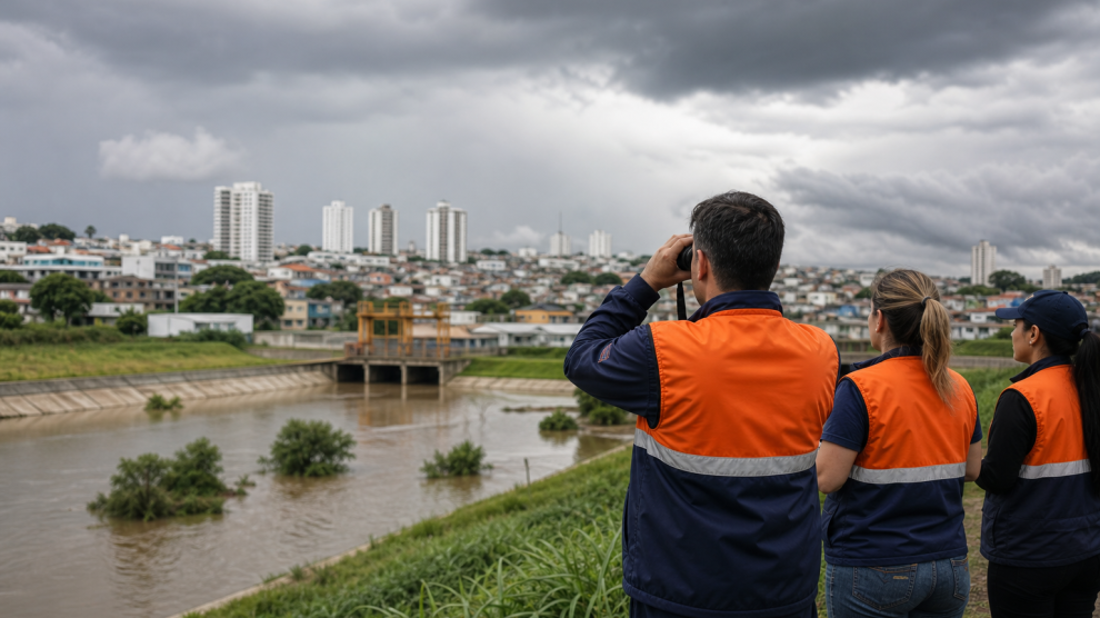 Área urbana do Grande ABC próxima a curso d’água durante ação de monitoramento da Defesa Civil
