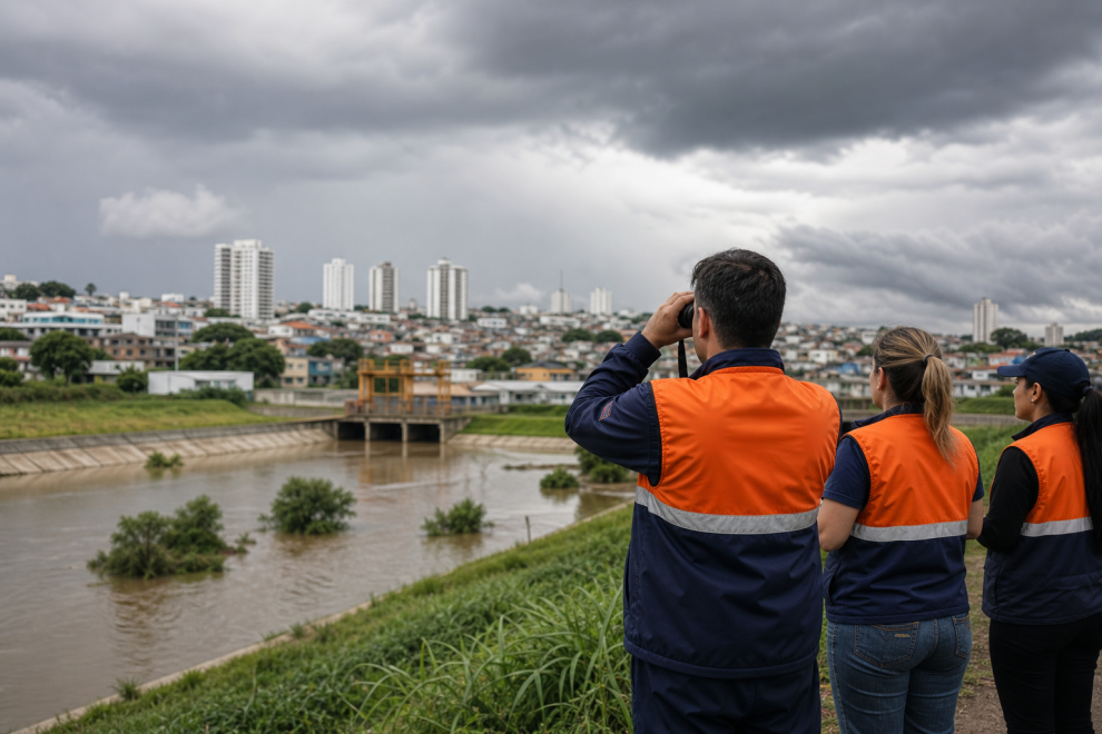 Área urbana do Grande ABC próxima a curso d’água durante ação de monitoramento da Defesa Civil